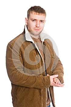 Portrait young European man in a winter jacket