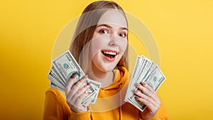 Portrait young excited woman with fan of money banknotes. Emotional happy teenage blonde girl win money cash holding