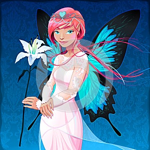 Portrait of a young fairy with a wedding dress and lilium photo