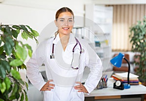 Portrait of a young female doctor standing in a resident's office