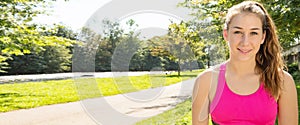 Portrait of young fit woman outdoors, horizontal photo banner
