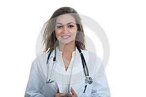 Portrait of young friendly beautiful female doctor