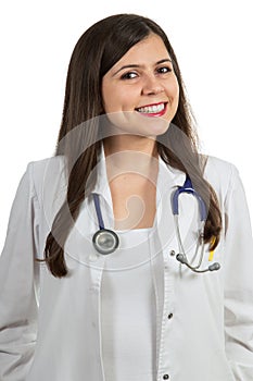 Portrait of young friendly beautiful female doctor smiling isolated on white background