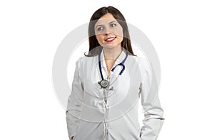 Portrait of young friendly beautiful female doctor smiling isolated on white background