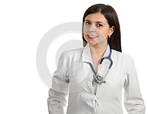 Portrait of young friendly beautiful female doctor smiling isolated on white background