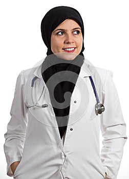 Portrait of young friendly beautiful muslim female doctor smiling