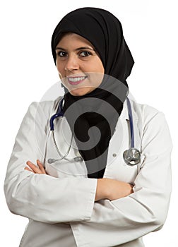 Portrait of young friendly beautiful muslim female doctor smiling