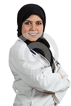 Portrait of young friendly beautiful muslim female doctor smiling