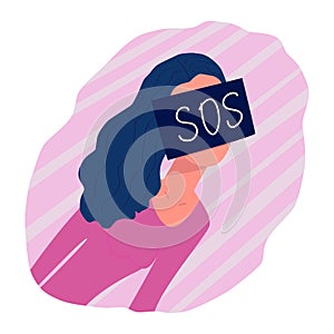 Portrait of a young girl asking for help. On the face is a square with the text SOS. A woman needs help. Violence Against Women.