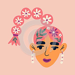 Portrait of young girl with flowers. Avatar of European woman character. Vector illustration for postcards, posters
