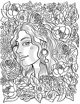 Portrait of a young girl in a frame of flowers. - antistress floral adult coloring book page with peonies