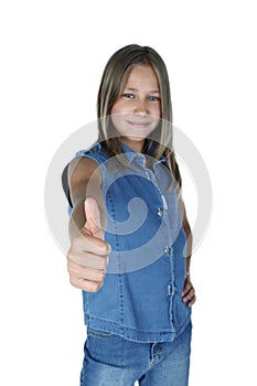 Portrait of young girl giving thumbs up
