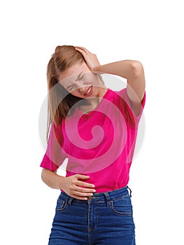 Portrait of young girl, pain in abdomen, isolated on white background.