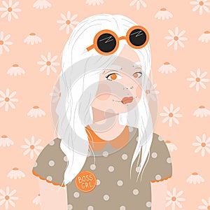 Portrait of a young girl with white hair and sunglasses, in dotted shirt, on pink background with daisies, flat vector