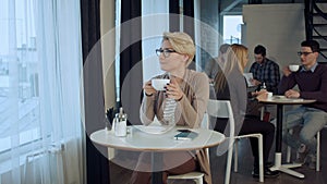 Portrait of young gorgeous female drinking tea and thoughtfully looking out of the coffee shop window while enjoying her