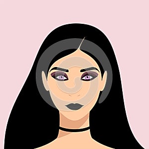 Portrait of a young gothic woman with long black hair, purple eyes and smoky makeup