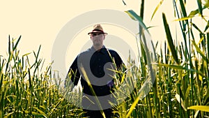 Portrait of a young guy man in a working uniform and a straw hat in the middle of a field around wheat and hay, running around i