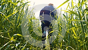 Portrait of a young guy man in a working uniform and a straw hat in the middle of a field around wheat and hay, running around i photo