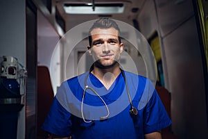 A portrait of a young handsome paramedic with a stethoscope