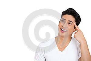 portrait of young handsome smiling man, student, worker, daydreaming, isolated on white background