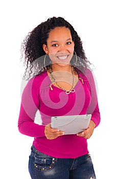 Portrait Of Young Happy African Woman Using Digital Tablet