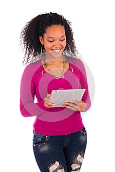 Portrait Of Young Happy African Woman Using Digital Tablet