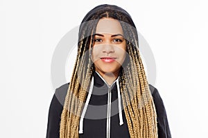 Portrait of a young happy black woman in a sweatshirt isolated on white background,hipster