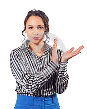 Portrait of young happy clapping business woman, isolated on white background