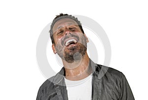 Portrait of young happy and positive attractive 40s man with blue eyes and beard smiling happy and cheerful wearing casual shirt