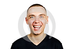 Portrait of young happy smile guy with caesar cut, isolated on white background