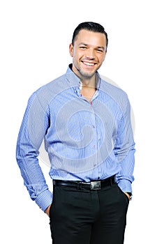 Portrait of young happy smiling business man, isolated over whit