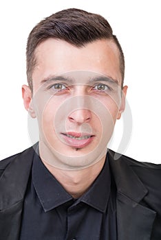 Portrait of young happy smiling business man, isolated over white