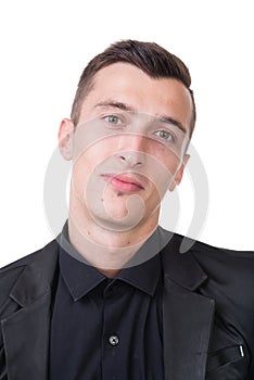 Portrait of young happy smiling business man, isolated over white