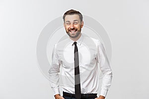 Portrait of young happy smiling business man, isolated over white background