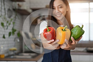 Portrait of young happy woman wearing appron standing in the kitchen room, prepares cooking healthy food from fresh