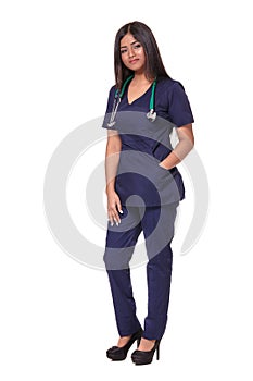Portrait of young indian doctor woman with stethoscope around neck isolated on white background
