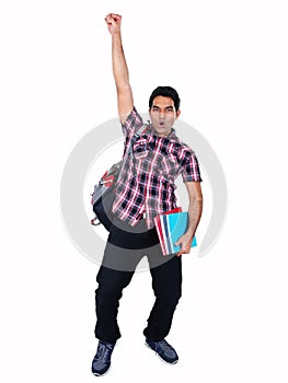 Portrait of young Indian student jumping with joy.