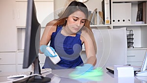 Portrait of young latina woman cleaner worker at work, office cleaning service