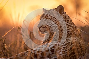 Portrait of a young leopard at sunset.