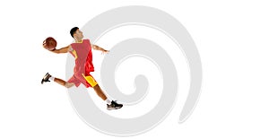 Portrait of young man, basketball player throwing ball into basket in a run isolated over white studio background. Flyer