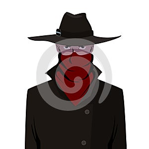 Portrait of a young man in the black trench coat and slouch hat hiding his face. Vector illustration