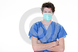 Portrait of young man doctor nurse in protective mask against virus corona coronavirus and health care concept
