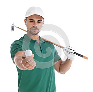 Portrait of young man with golf club and ball on white