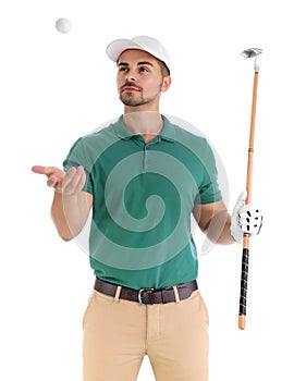 Portrait of young man with golf club and ball on white