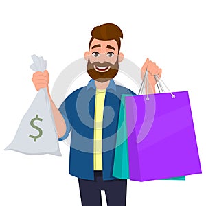 Portrait of young man holding shopping bags. Person showing cash, money bag with dollar symbol in hand. Modern lifestyle, digital.