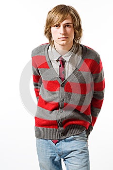 Portrait of young man on light grey