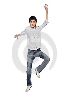 Portrait of a young man mid-air