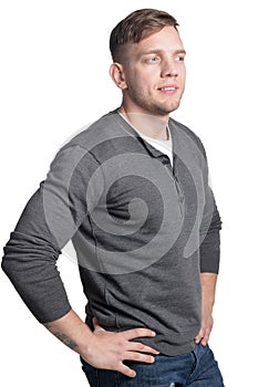 Portrait of young man posing on white background