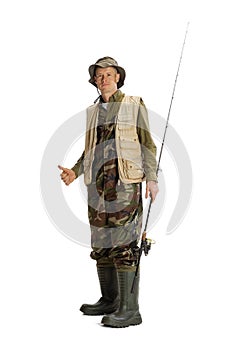 Portrait of young man, professional fisherman with fishing rod, spinning and equipment going to river isolated over