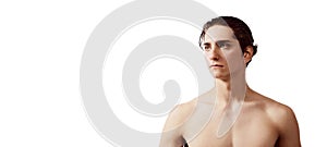 Portrait of young man with serious look posing shirtless isolated over white background. Flyer. Concept of male beauty